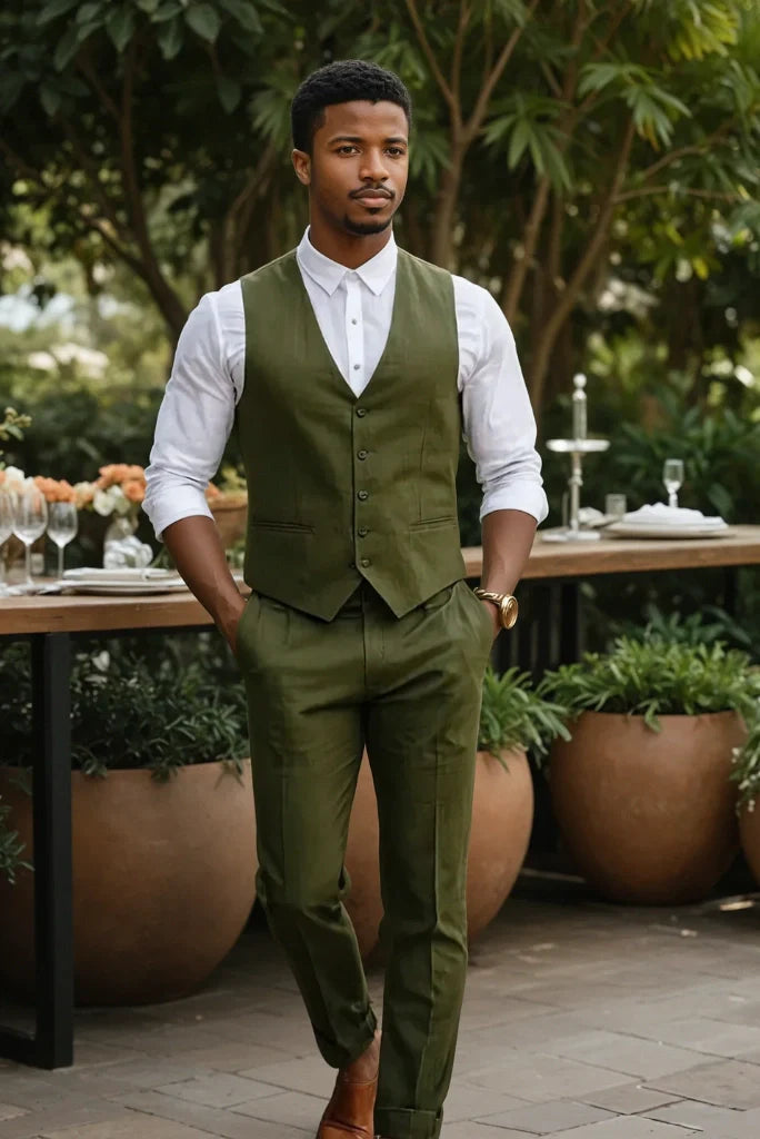 Men olive green waistcoat for special events-front
