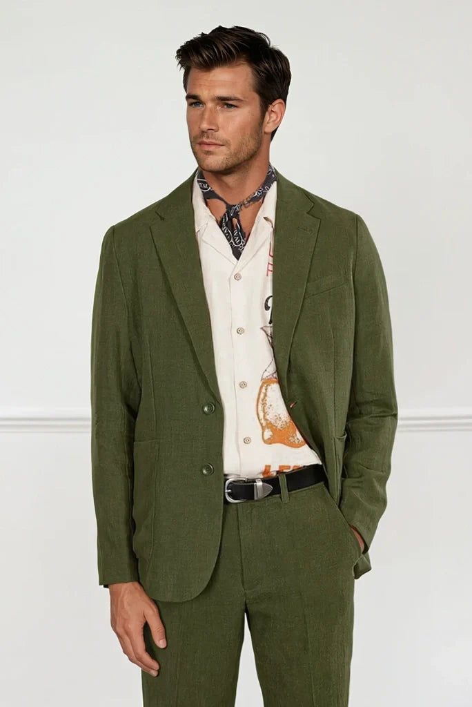 Men olive green linen two piece suit-front