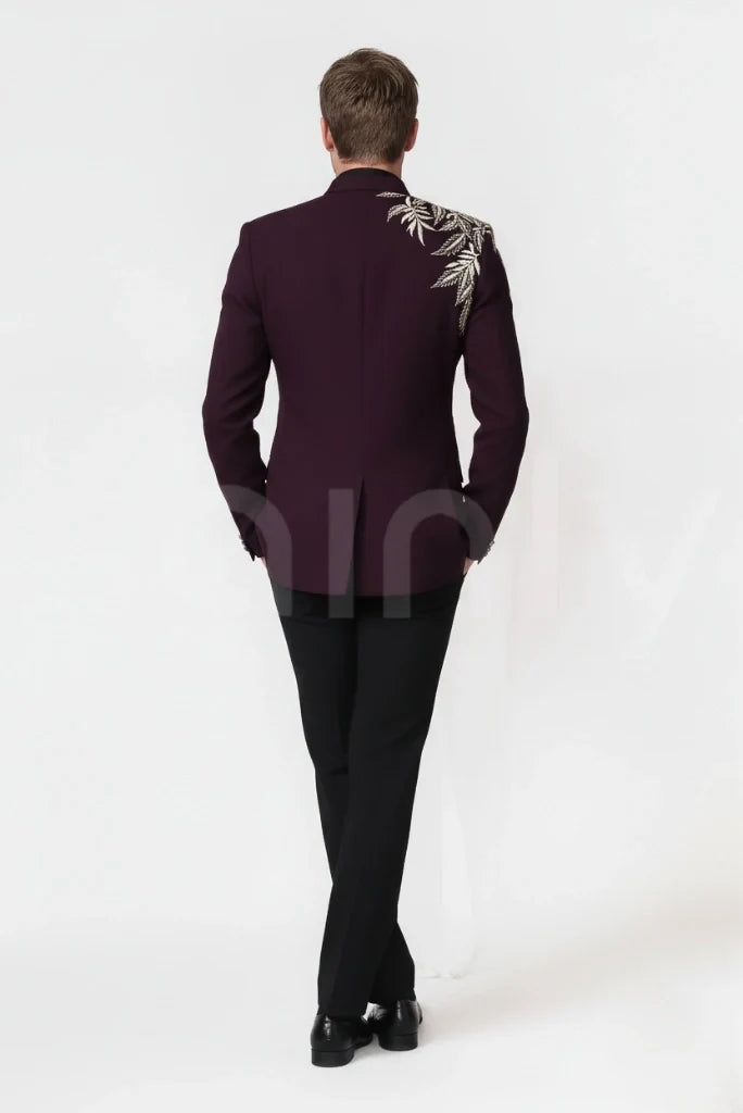 Men purple embroidered bandhgala blazer for wedding and festive wear-back