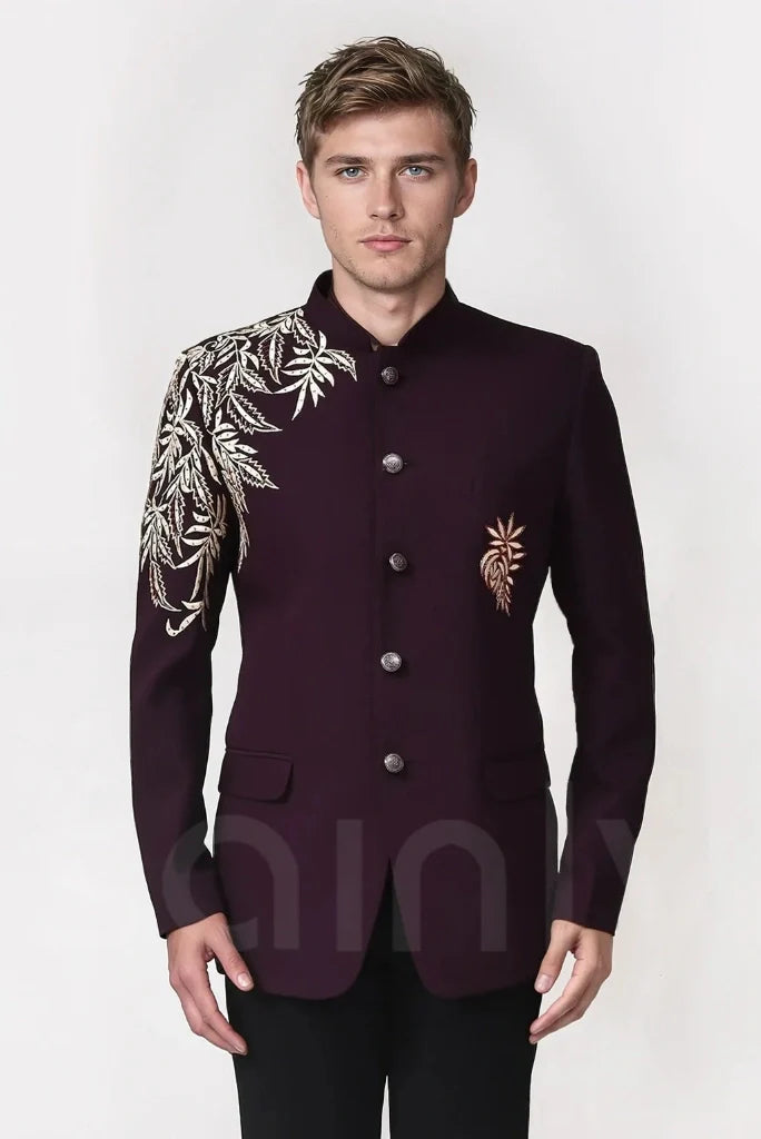 Men purple embroidered bandhgala blazer-front