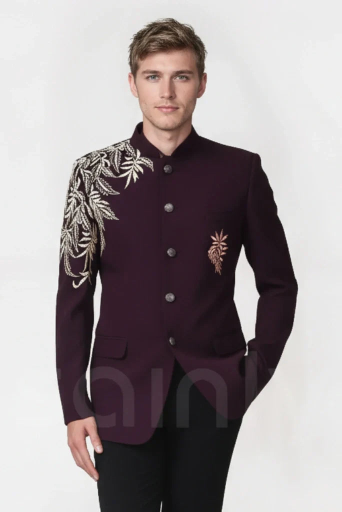 Elegant men purple bandhgala blazer with embroidery