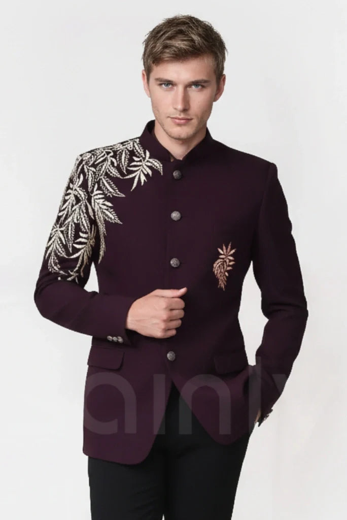 Purple embroidered bandhgala blazer for men wedding wear