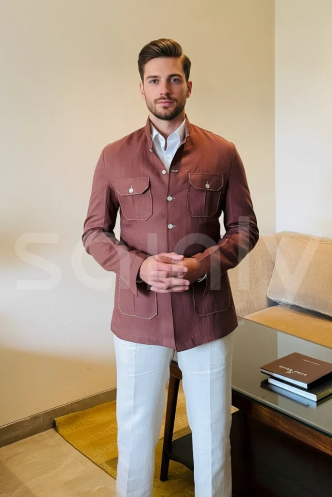 Men rust brown bushcoat for ethnic wear-full front