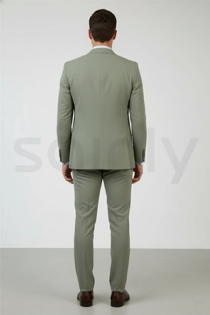 Men sage green three-piece formal suit for wedding, office, and party wear-back