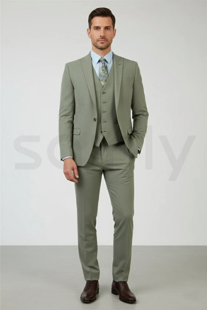 Elegant men sage green suit set for office meetings and formal events-front