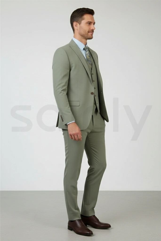 Stylish sage green three-piece suit for men party and reception wear-side