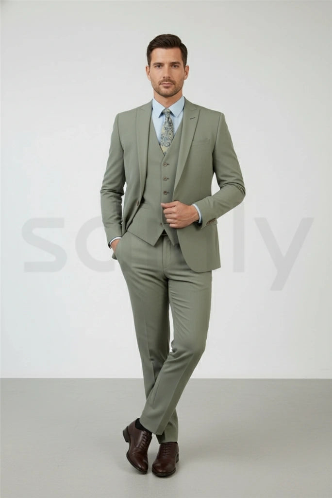 Men sage green three-piece formal suit for wedding functions-front