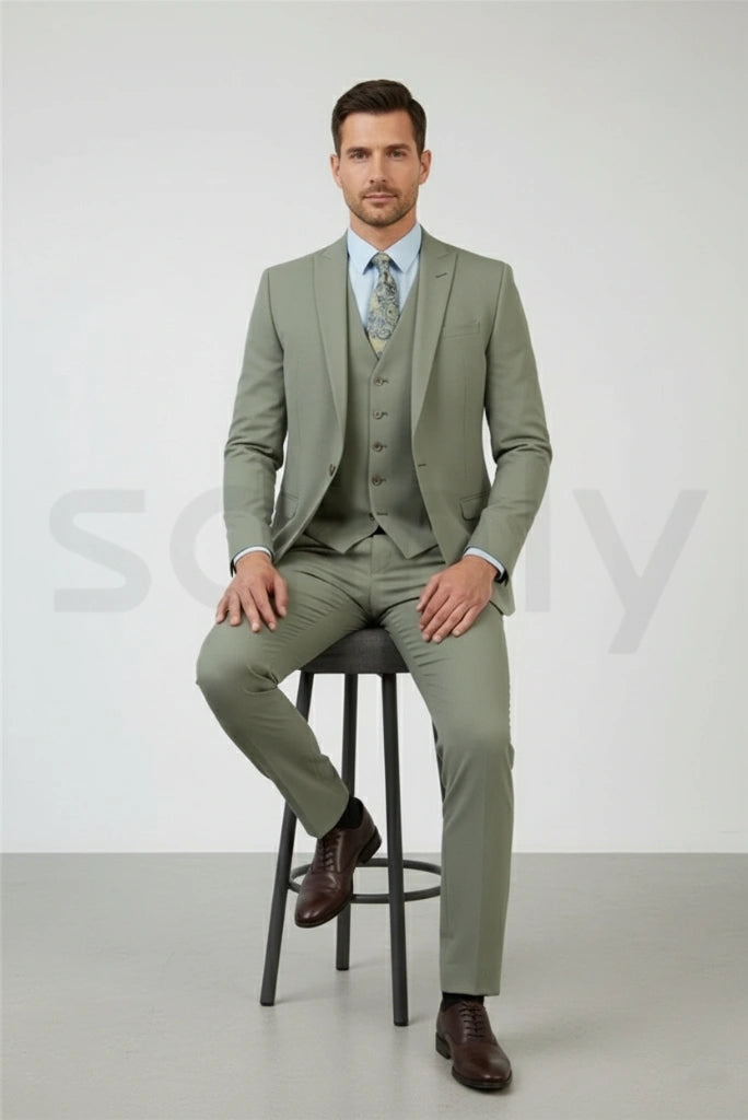 Men sage green formal suit perfect for dinner and evening events-front