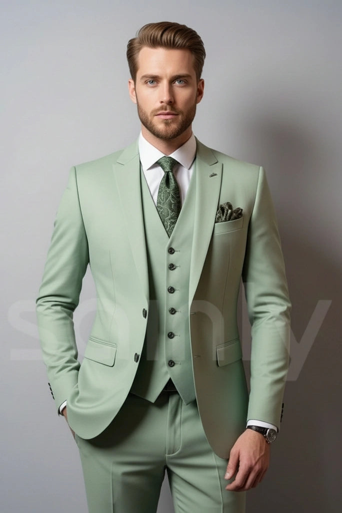 Men wearing three-piece suit perfect for business and formal gatherings-front