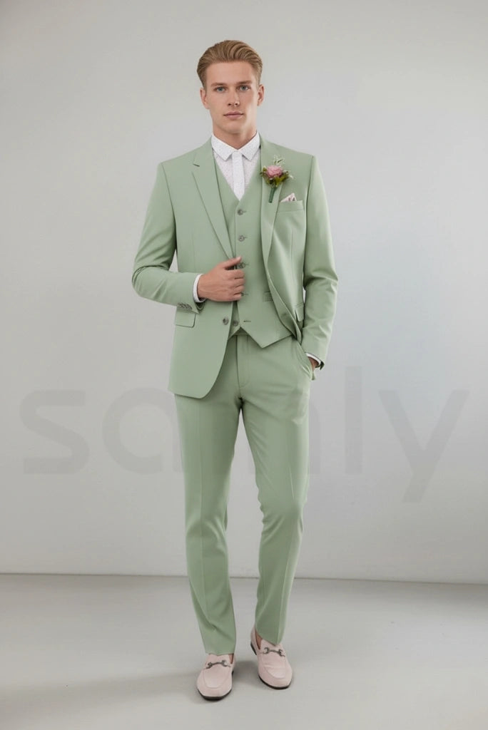 Stylish men wearing sage green formal suit-front
