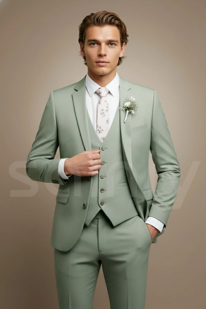 Men sage green suit with blazer, waistcoat, and trousers