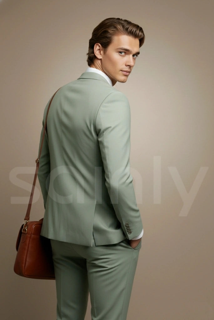 Stylish men sage green three-piece suit for wedding and party wear-back