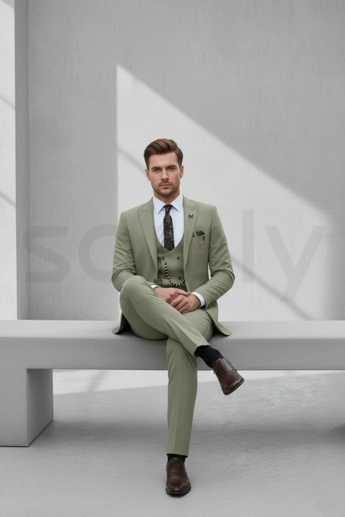 Men wearing sage green three-piece wedding suit with modern tailored style-front