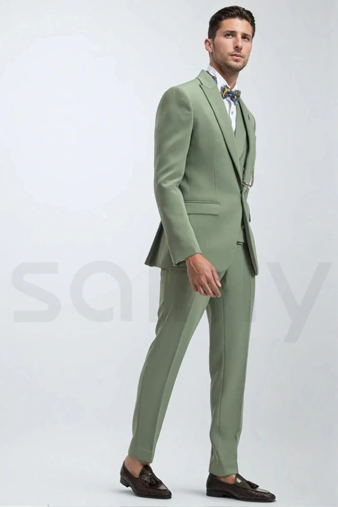 Designer sage green three piece reception suit-side