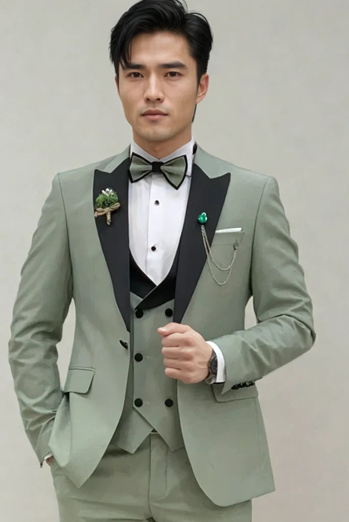Sage green 3-piece tuxedo for men – perfect for weddings and formal occasions-front