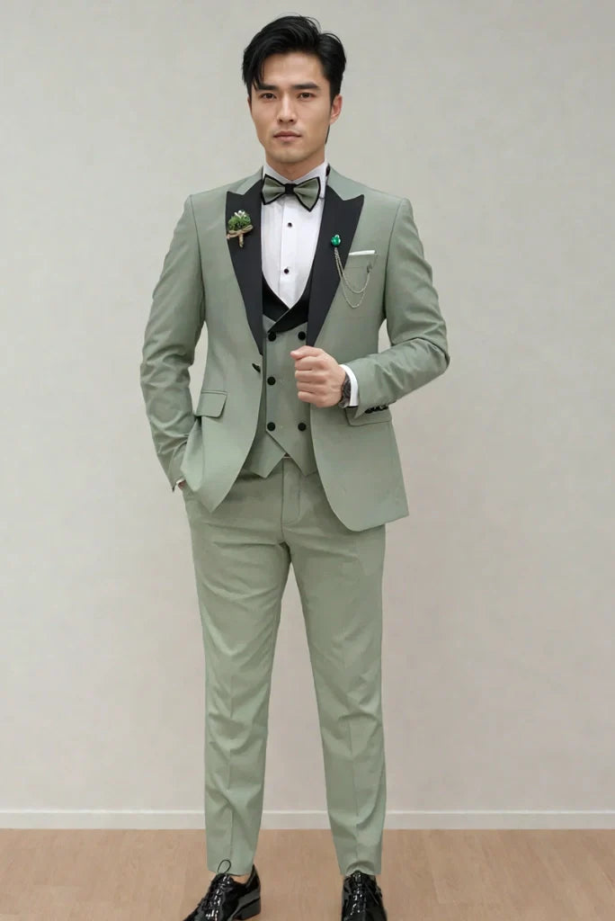 Elegant sage green tuxedo suit perfect for engagement, prom, anniversary-front