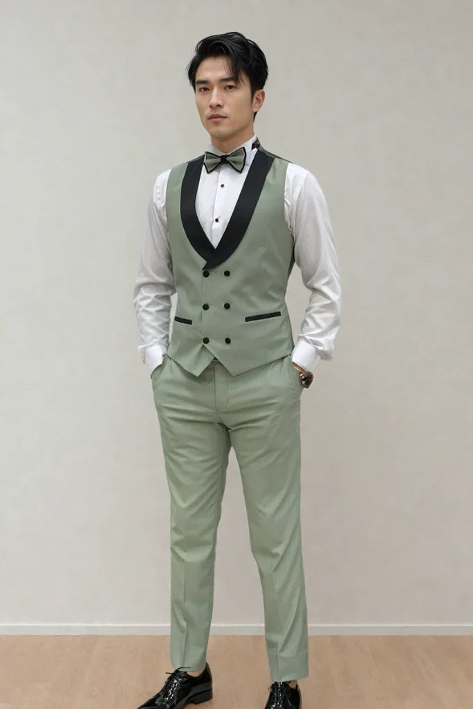 Men’s sage green wedding tuxedo on hanger – classic and sophisticated look-side
