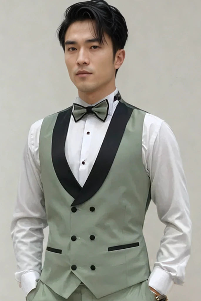 Sage green tuxedo – modern twist on traditional wedding wear-front