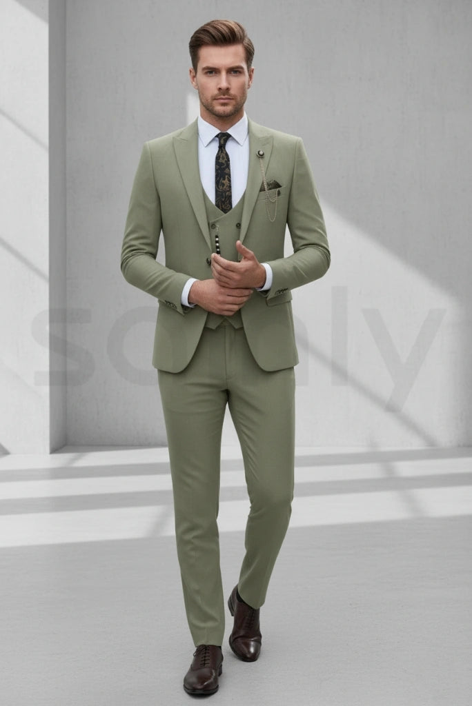Stylish men’s sage green suit set for special occasions-front