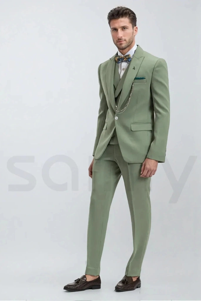 Trendy sage green three piece formal suit for men-side