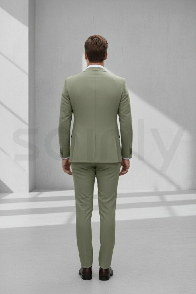 Men sage green three-piece wedding suit with classic and elegant design-back