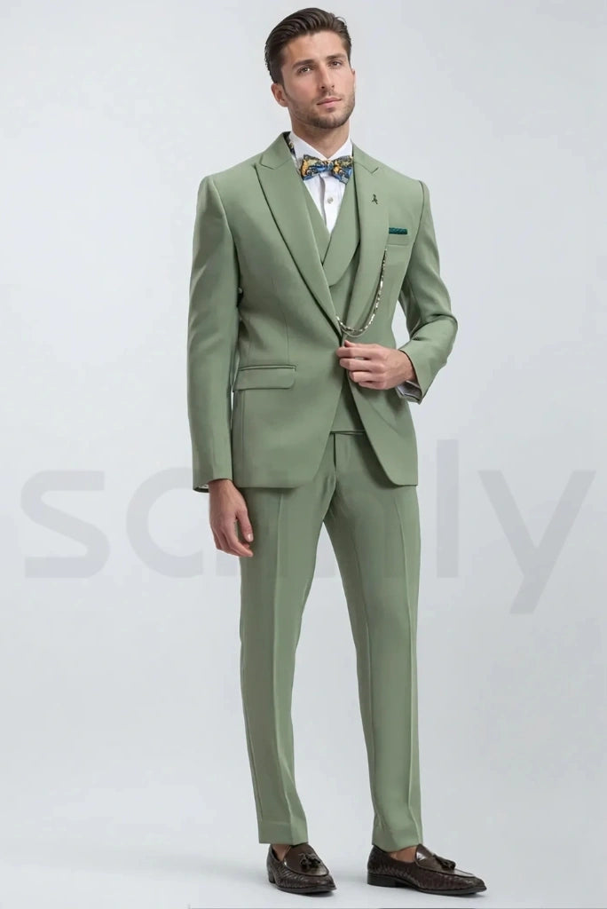 Men’s sage green three piece wedding suit-front