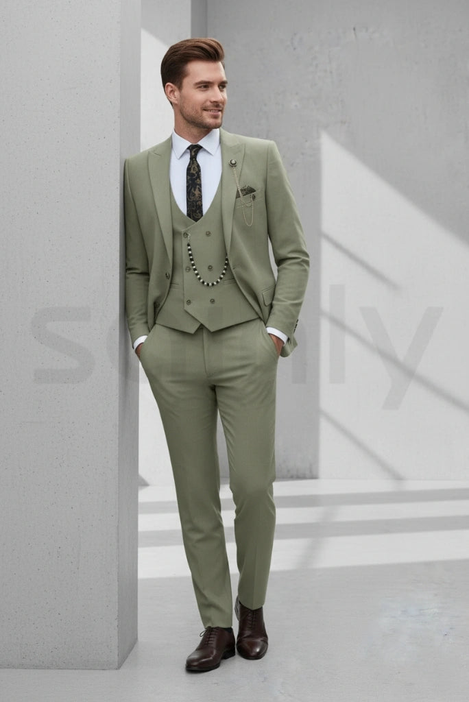 Sage green wedding suit with blazer, vest, and trousers for men-front