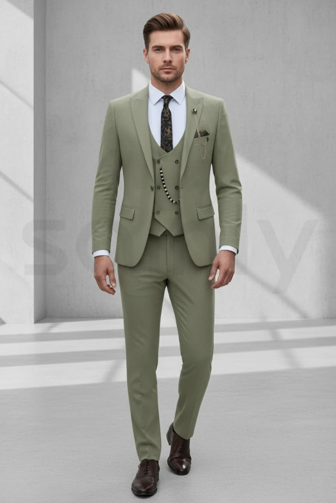 Men in sage green three-piece suit perfect for weddings-front