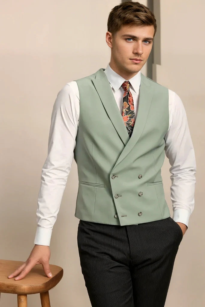 Sage green double breasted waistcoat for men -front