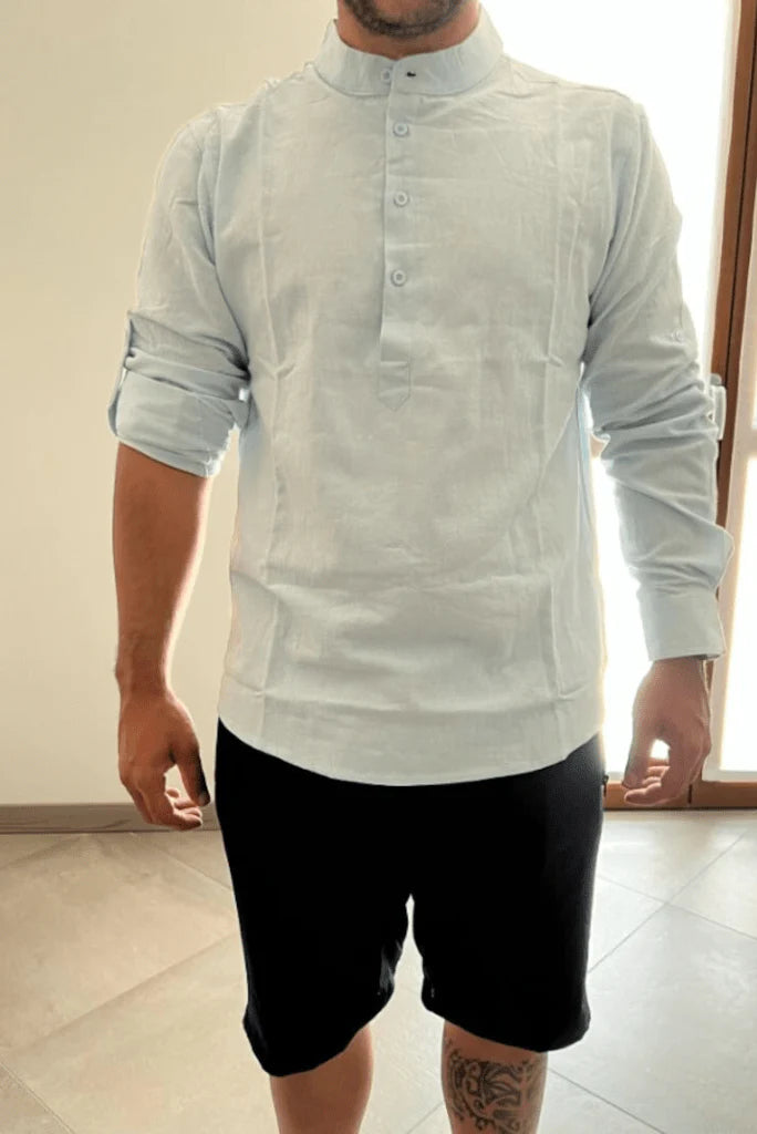 Men Sky Blue Cotton Linen Round Neck Shirt-Front