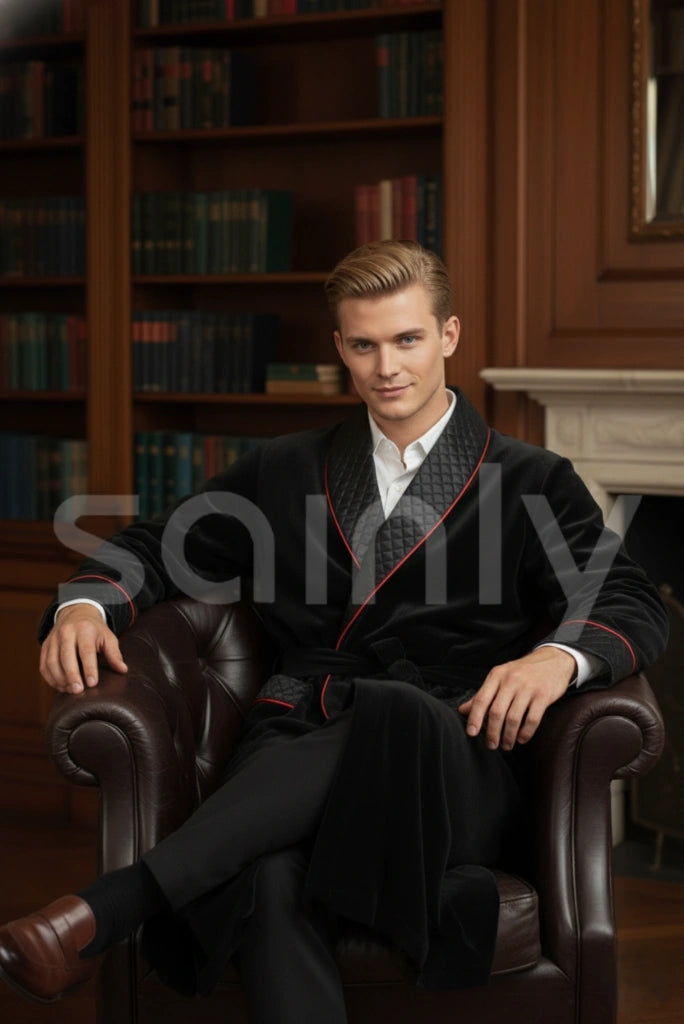 Mens Elegant Black Smoking Jacket Evening Wear Black Gown Quilted Lapel Cuff Jacket Host Christmas Party Wear Jacket Coat Black Smoking Coat