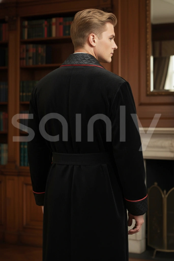 Mens Elegant Black Smoking Jacket Evening Wear Black Gown Quilted Lapel Cuff Jacket Host Christmas Party Wear Jacket Coat Black Smoking Coat