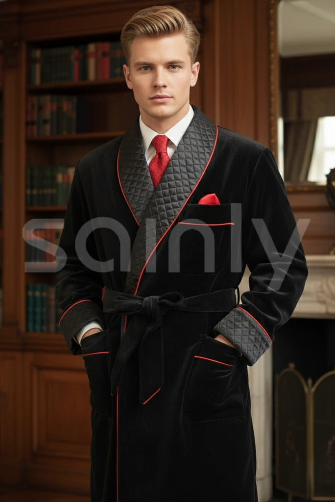 Mens Elegant Black Smoking Jacket Evening Wear Black Gown Quilted Lapel Cuff Jacket Host Christmas Party Wear Jacket Coat Black Smoking Coat