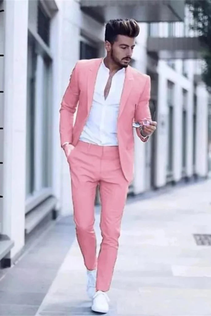 Men pink casual two piece suit-front