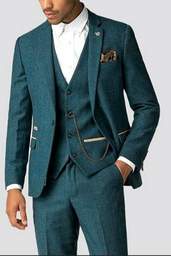 Men Teal Blue Tweed 3-Piece Suit-Front