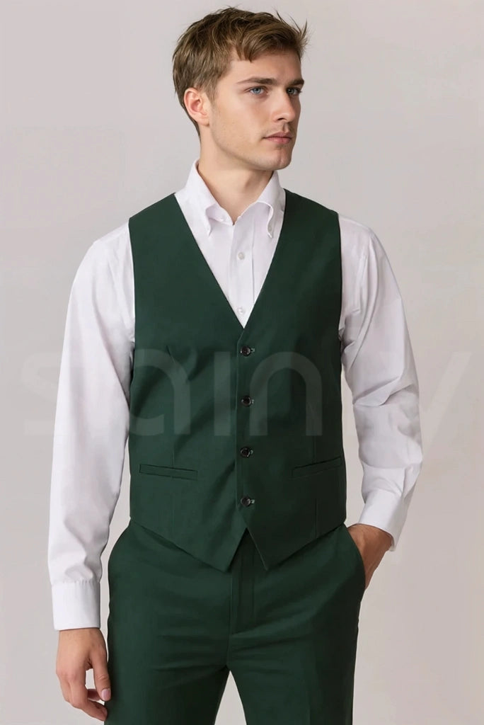 Men emerald green wedding suit with waistcoat and matching trousers-Front