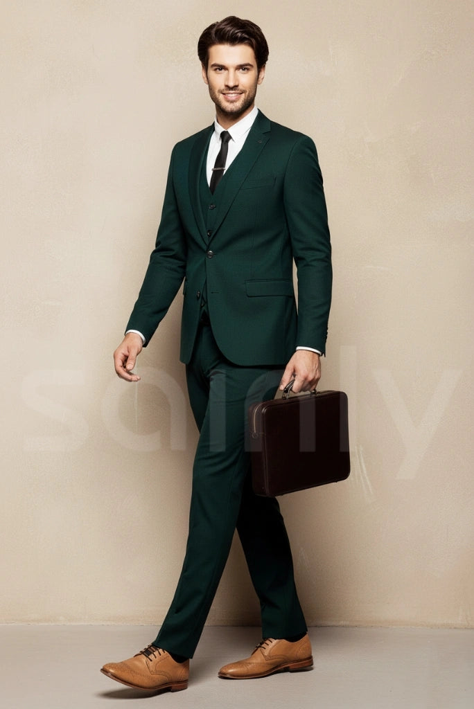 Stylish emerald green three piece suit for men with tailored fit-side
