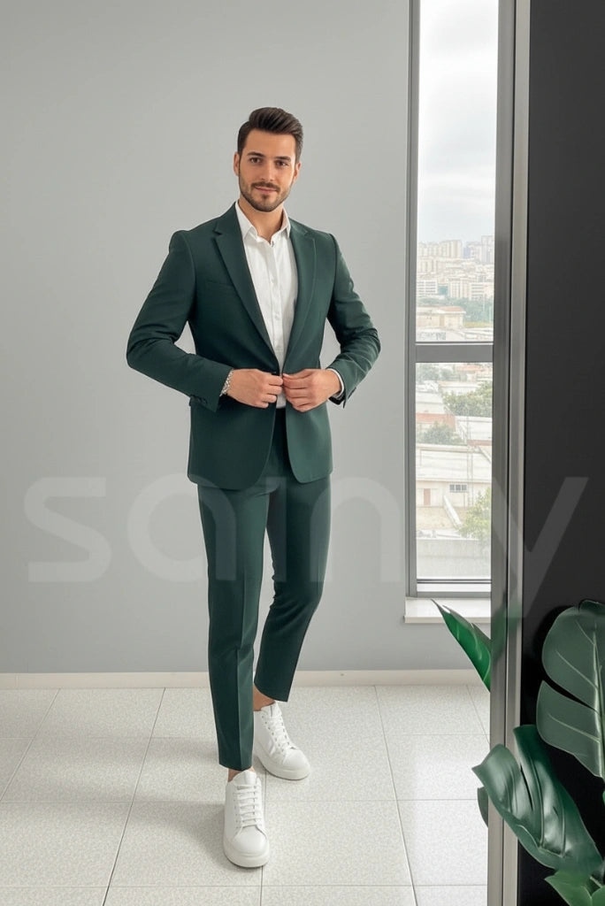 Men teal green two-piece suit-front