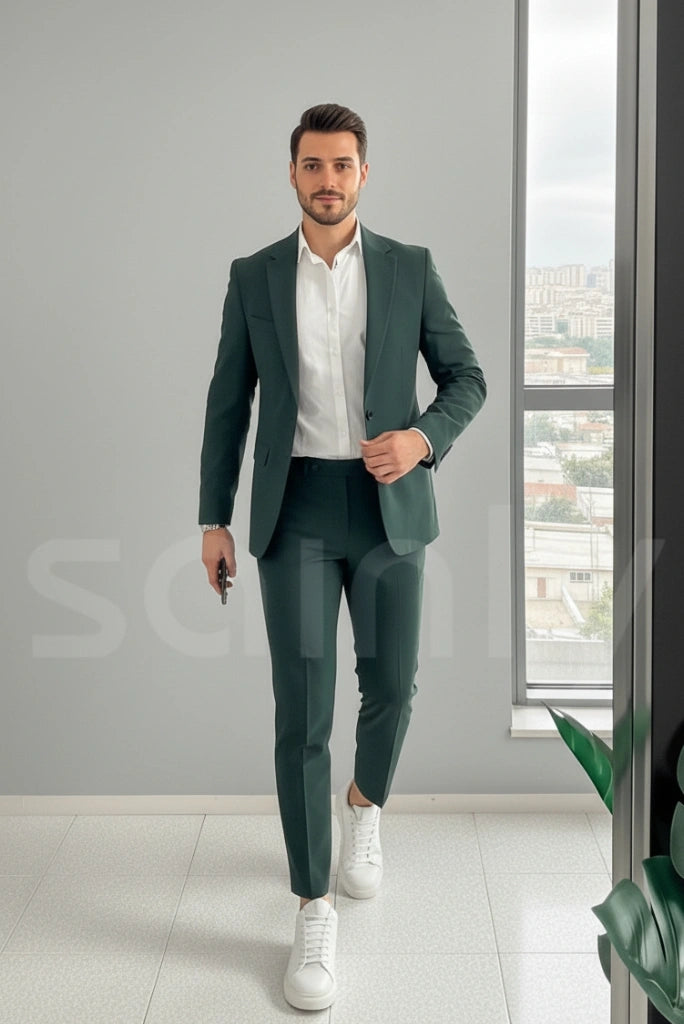 Sharp teal green suit for men crafted with smooth finish and elegance-front