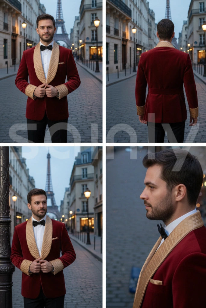 Vintage maroon velvet dinner robe for men evening style