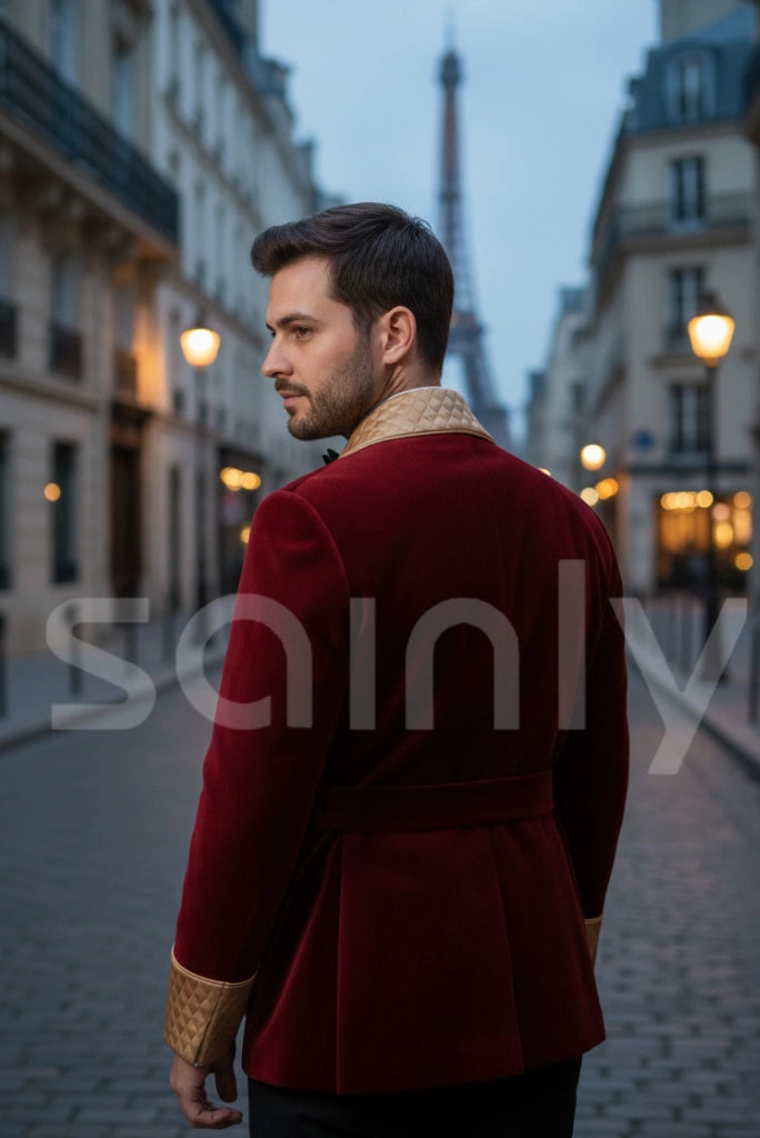 Stylish maroon smoking coat formal winter outfit
