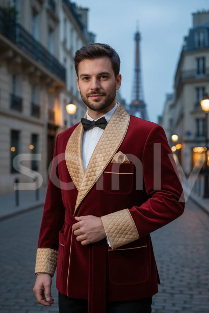 Men’s maroon quilted smoking jacket slim fit party wear