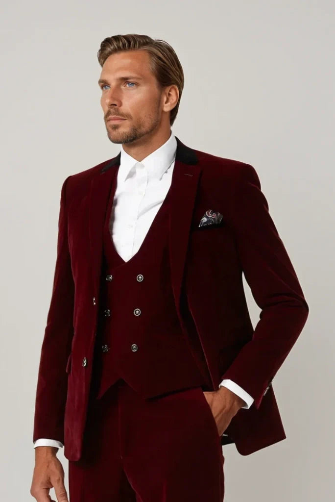 Men wine velvet suit for wedding wear-front