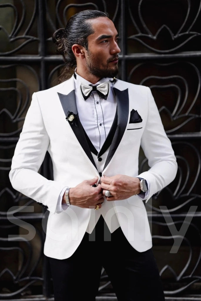 Men’s black and white tailored suit on display-front