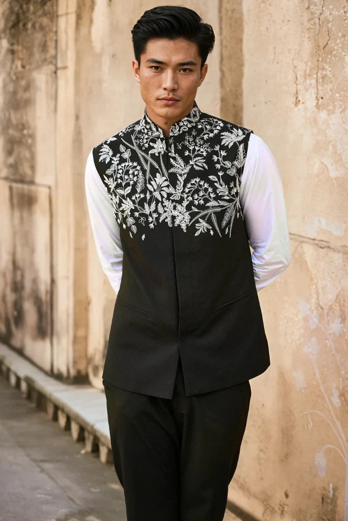 Men black suit with white embroidery-front
