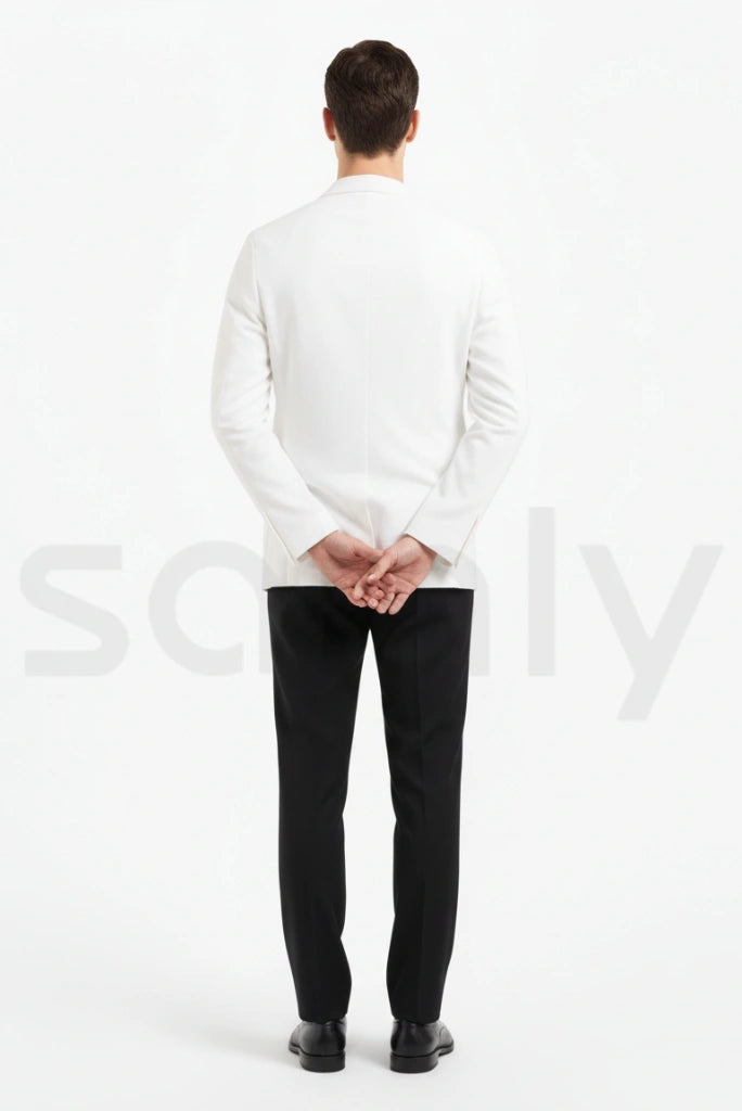 White linen blazer outfit for men’s destination weddings