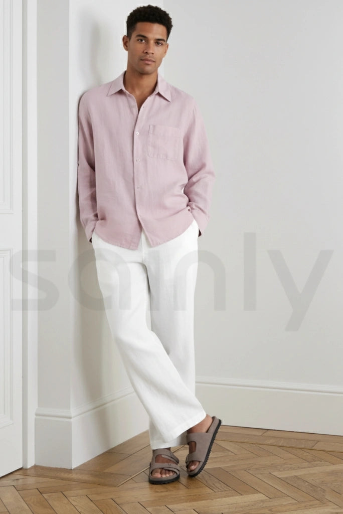 Men’s white linen trouser for summer travel wear-front