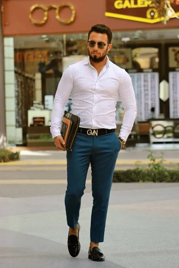 Men Blue Pant and White Shirt-Front