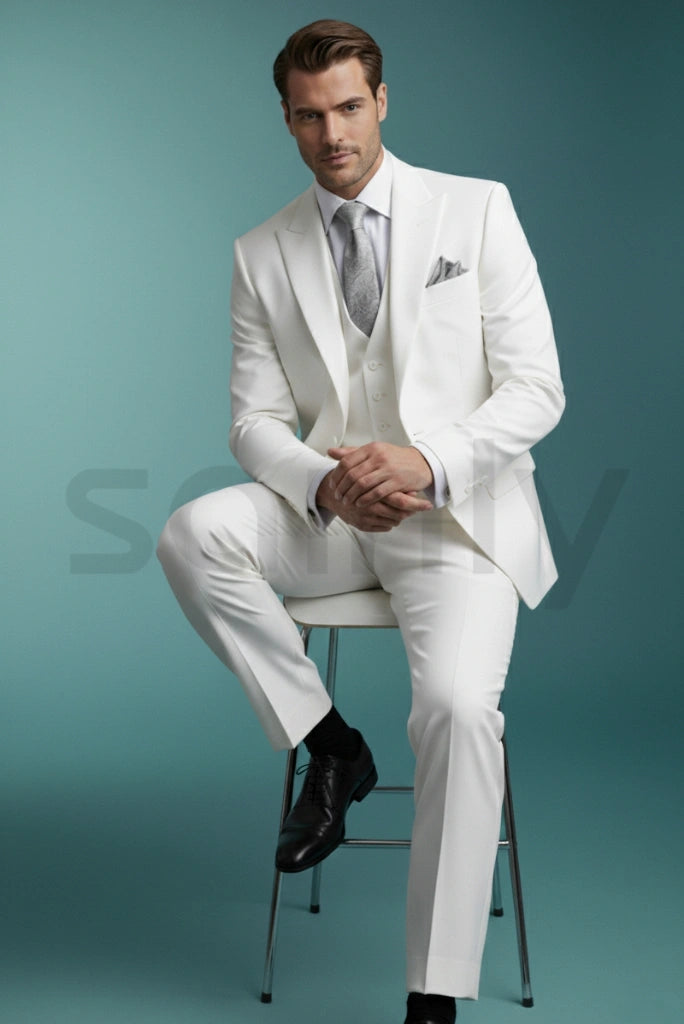 Men’s white three-piece suit with double-breasted blazer-front