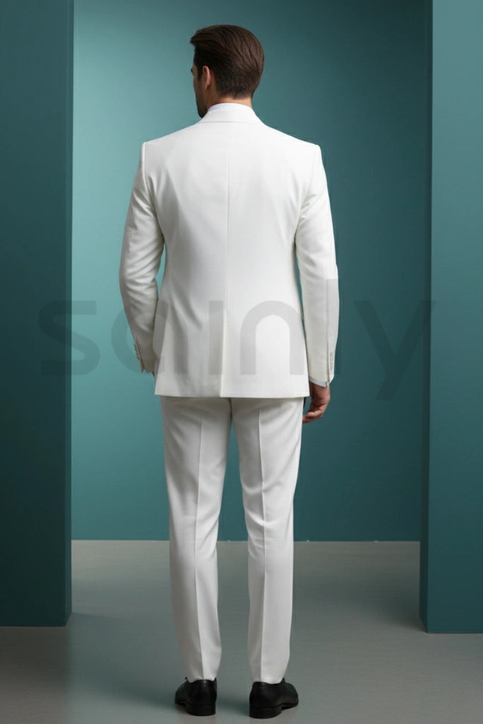 Elegant white three-piece tuxedo suit perfect for weddings and formal occasions-back